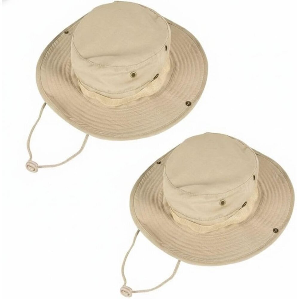 Unisex Beige Pack Of 2 Wide Brim Boonie With Chin Strap Classic Bucket Sun Hat